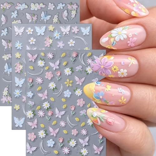 Flower Nail Stickers Butterfly Nail Art Stickers Spring 5D Embossed Nail Decals DIY Self Adhesive Colorful flowers Butterflies Design Sticker Summer Nail Decoration for Women Manicure Accessories 3Pcs