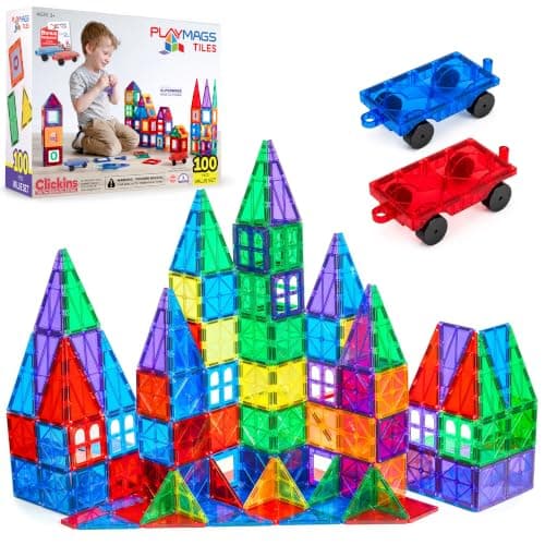 Playmags Magnetic Tiles for Kids 100-Piece Set, STEM Educational Building Blocks Toys for Kids, Includes Click-in ABC Learning Tiles, Gift for Boys & Girls, Add on Magnetic Figures, Car Set Available