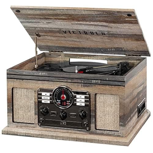 Victrola The Quincy 6-in-1 Bluetooth Record Player & Multimedia Center with Built-in Speakers – 3-Speed Turntable, CD & Cassette Player, FM Radio, Wireless Music Streaming (Farmhouse Shiplap Grey)