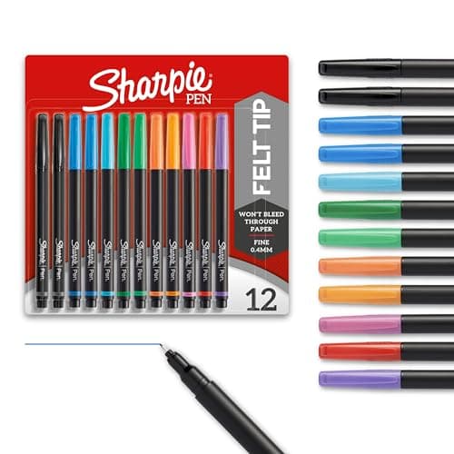 Sharpie Felt Tip Pens, Fine Point (0.4mm), Assorted Colors, 12 Count - Journaling, Art, Drawing, Markers