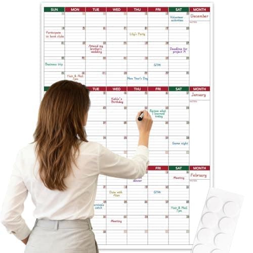 Dry Erase Calendar for Wall - Undated 3 Month Wall Calendar, 28'' x 40'', Erasable & Reusable Laminated Dry Erase Calendar with 10 Round Stickers, Vertical Layout for Home/School/Office
