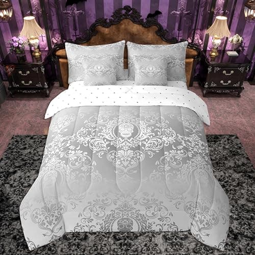 Feelyou Silver Vintage Damask Comforter Set with Sheets 7 Piece Queen