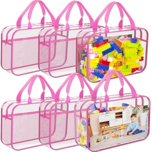 6 Packs Toy Storage Bags with Zipper, Clear PVC Organizing Bags, Reusable Toy Storage Organizer with Portable Handle, Travel Waterproof Organizer Bags for Building Blocks, Puzzle, Toys and Books