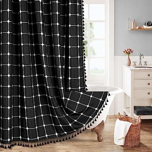 Boho Farmhouse Classic Plaid Linen Tassel Shower Curtain Black,72x78