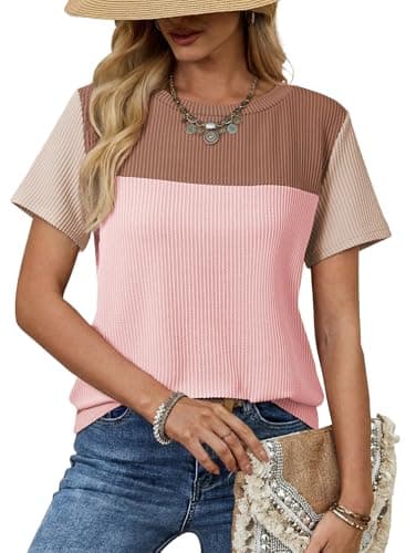 Dokotoo Short Sleeve Shirts for Women Color Block Crewneck T Shirt Cute Blouses Spring Summer Casual Loose Tops and Blouses Resort Wear for Women 2026 Brown Small
