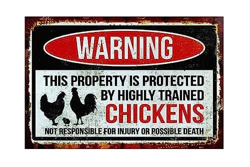 Funny Chicken Sign, Metal Chicken Coop Tin Signs, This property is protected by chickens, Yard Sign Garage Farm Garden Wall Decor Sign Plaque Outdoor for Home Fence 8 X 12 Inches