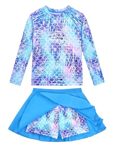 Bathing Suits for Girls 6-7 Years Old Long Sleeve Swimwear Blue Purple Mermaid 2 Piece Swimsuit Sets with Pantskirt