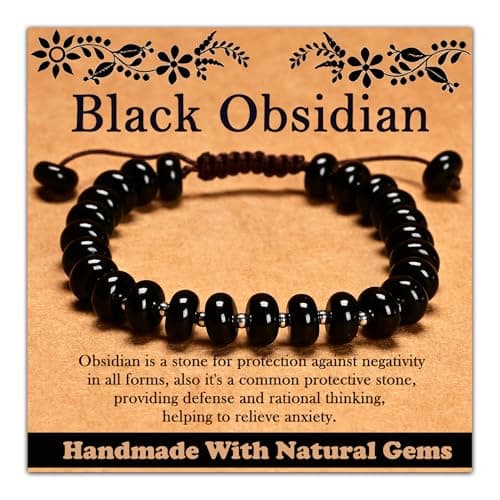 CHCCOYE 5x8mm Handmade Adjustable Natural Gemstone Crystal Bracelet Healing Power Energy Inspirational Gifts with Card for Unisex (Black Obsidian)