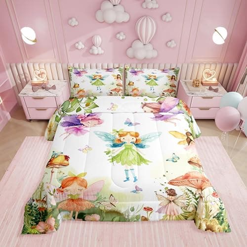 Erosebridal Fairy Garden Full Comforter Set,Mushroom Butterfly Bedding Sets for Girls Kids,Dreamy Fairy Floral Quilt Bed Set,Cute Girly Princess Bedroom Decor,2 Pillowcases Breathable