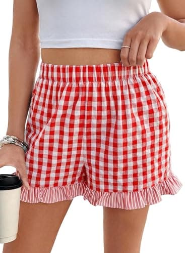 EVALESS Womens Shorts Gingham Boxer Shorts 2026 Summer Plaid Pajama Shorts Ruffle Cotton Blend Bottoms Cute Elastic Waist Lounge Sleep Shorts Casual Beach Clothes with Pockets Fiery Red Large