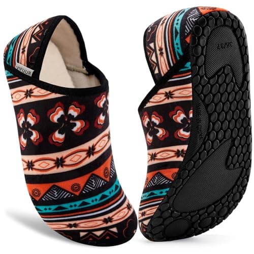 VIFUUR House Slippers for Women Men Slip on Indoor Barefoot Slipper Socks Fuzzy Cozy Sock Shoes for Home Bedroom Travel Boho Orange,38/39