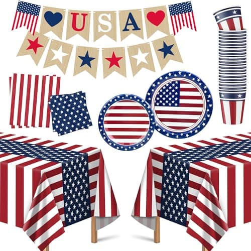OHOME Fourth of July Decorations - Serve 24 - Patriotic Plates Tablecloth Napkins Cups Banner | 4th of July Accessories for Home Outdoor Memorial Day | America 250th Merchandise Anniversary