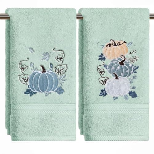 Artoid Mode 2 Pcs Blue Maple Leaves Pumpkin Fall Embroidered Hand Towels