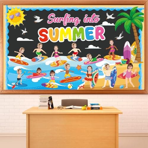Summer Bulletin Board Classroom Decorations Surfing into Summer Bulletin Board Set Surfboard DIY Photo Craft Set Hawaiian Theme Tropical Beach Cutouts for Back to School Office Teacher Wall Supplies
