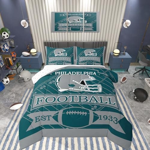 Feelyou Kids Boys American Football Bedding Set Twin Size,Sports Football Philadelphia Comforter Set,Boys Girls Bedroom Room Decor,Football Fans Comforter,Rugby Bed Set