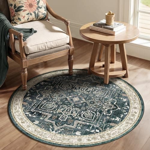 Jainmy Dark Small Round Washable Rug 4ft Entryway, Kitchen Bathroom Thin Circle Rug 4 Feet Non Slip, Transitional Vintage Medallion 4x4 Round Carpet for Small Living Room/Dining Room/Bedroom, Midnight