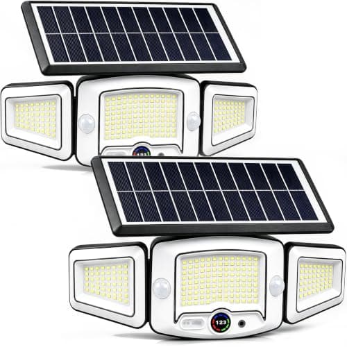 Solar Lights Outdoor Waterproof - Dual Motion Sensors & Rechargeable Battery, 3 Charging Methods Solar Flood Lights, Smart Display LED Security Lights for Garage, Porch, Patio, Yard, Driveway