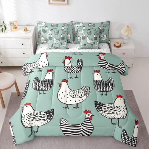 Erosebridal Chicken 7 Pcs Bedding Set Full Cartoon Chick Comforter Set with Sheets Cute Farmhouse Animal Bed in A Bag Teal Black Bedroom Decor