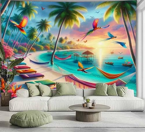 FENDROM Fantasy Colorful Ocean Beach Tapestry Wall Hanging Tropic Paradise Coconut Palm Tree Hawaiian Sea Wave Cool Seaside Sunset Waves Wall Decor For Dorm Bedroom Living Room