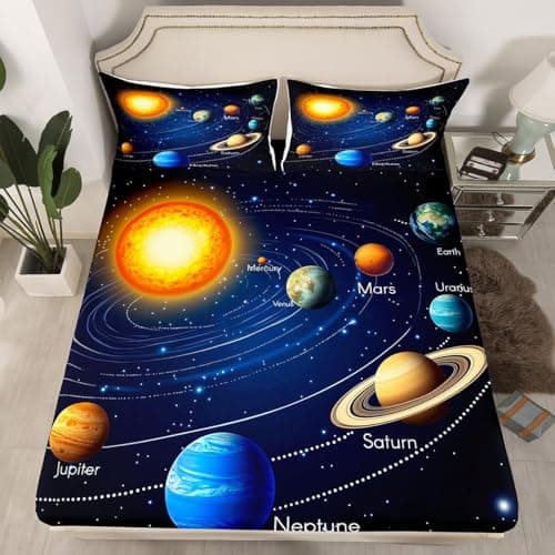 Feelyou Planet Solar System Bedding Fitted Sheet Galaxy Space Bed Sheet Set Kids Boys Girls Universe Educational Planetary Orbit Decor 2Pcs Bedding Twin1 Fitted Sheet+1 Pillow Sham（No Flat Sheet）