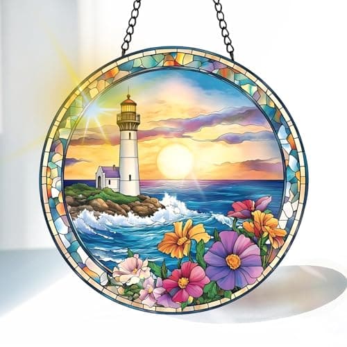 VAIIEYO Lighthouse Sun Catcher Stained Glass Window Hanging Ornament, Handmade Sun Catcher Flower Decoration with Hooks for Window Garden Home, Mother's Day & Birthday Housewarming Gift (7.8 inch)