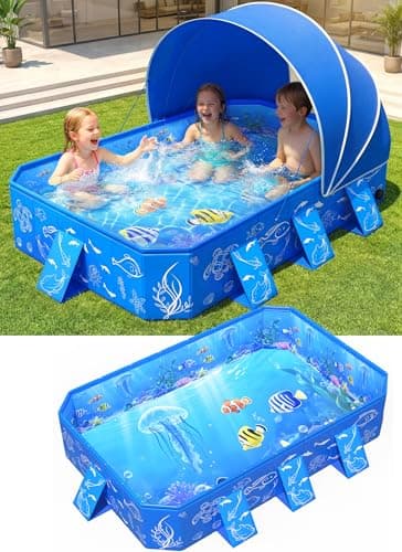 Lanblu 2026 Foldable Kiddie Pool with Canopy,Baby Swimming Pool for Toddler,Non-Inflatable Toddler Pool,Foldable Kiddie Pool with Shade,Kid Pool for Backyard,Pop up Kiddie Beach Pool 53''*40''*33''