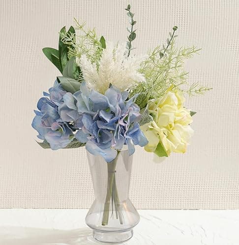 LUEUR Artificial Blue Hydrangea Flowers in Vase Centerpiece – Coastal Style