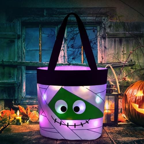 Hutuzldz Halloween Trick or Treat Candy Bags LED Light Up Pumpkin Bucket, Collapsible Reusable Candy Basket, Fabric Tote Gift Goody Bags for Kids Halloween Party (White)