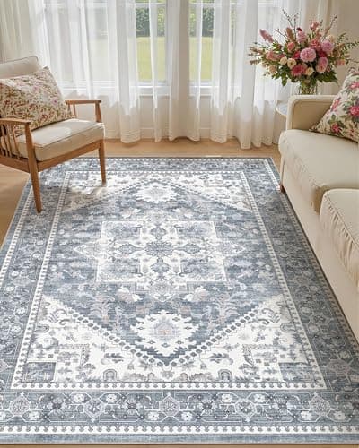Micgeek 5x7 Vintage Area Rug: Washable Neutral Soft Non Slip Thin Large Floor Carpet for Living Room Bedroom Kitchen Dining Room Home Office Farmhouse Indoor - Blue