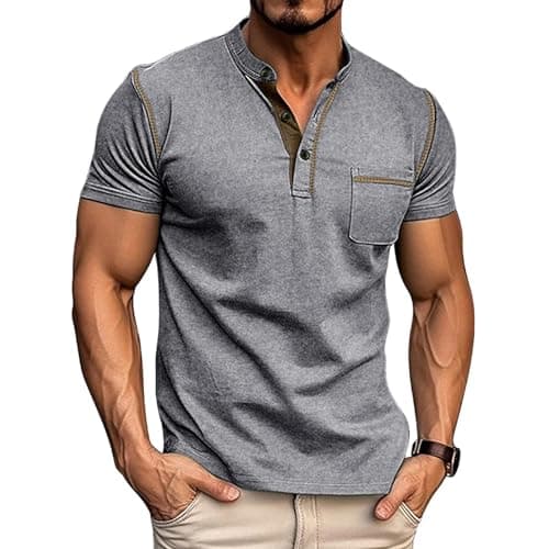 Lexiart Mens Casual Short Sleeve Henley Shirts Button Tee Shirts Basic Classic Shirt with Pocket Grey