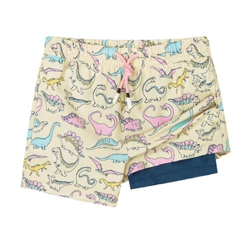 SURF CUZ Boys Swim Trunks with Compression Liner Toddler Swimsuit Boy Swim Shorts Bathing Suits Boxer Brief Swimming Trunks Dinosaur Park 14-16 Years