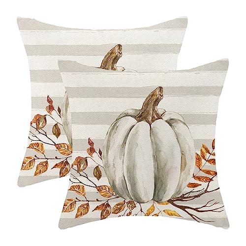 Gohdiwh Fall Pillow Covers 18x18 Set of 2 Pumpkin Leaf Branch and Stripes Fall Decor Pillowcase Linen Autumn Thanksgiving Decorative Outdoor Throw Pillow Covers Farmhouse Cushion Case for Couch Home