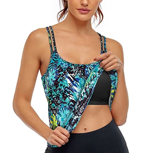 Hibelle Women's Tank Top with Built-in Bra, Workout Yoga Athletic Racerback, XXL Blue Print
