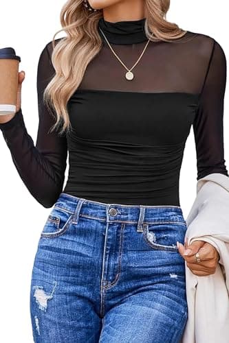 KevaMolly Long Sleeve Mesh Lace Floral Embroidery Blouse Pure Black L