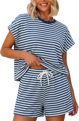 Sweetmoon Shorts Sets Women 2 Piece Outfits Casual, Navy Striped M