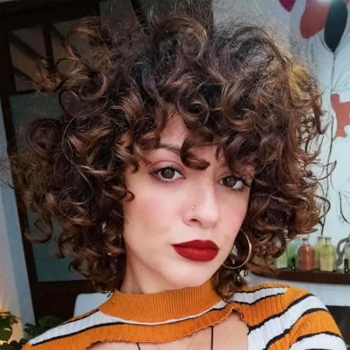 YOSILADY Brown Short Curly Wig with Bangs for Black Women (14 Inch)