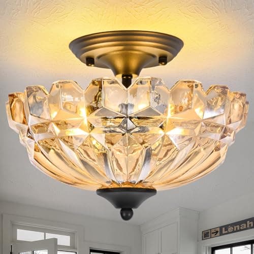 Dalouguan Semi Flush Mount Ceiling Light, 3-Light Kitchen Ceiling Lighting Fixtures with Amber Glass Lampshade, Gold Modern Chandelier for Living Room Bedroom Hallway