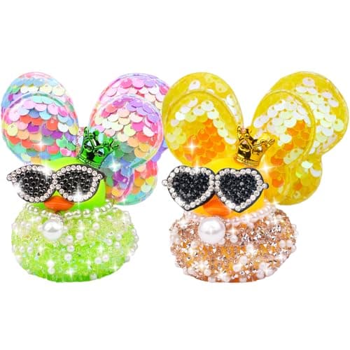 MuMyer Rhinestone Rubber Duck Car Ornaments, 2Pcs Sparkly Diamond Rubber Duck Car Dashboard Decorations with Shining Wings Sunglasses Necklaces for Car Home Office Desk Party Decoration