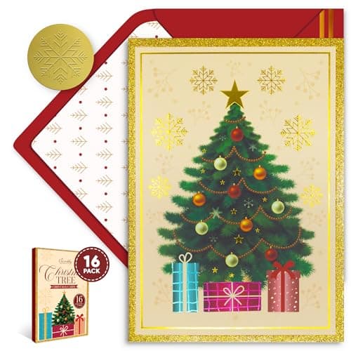 Decorably 16 Pack Glittery, Gold Foil & Embossed 5x7in Boxed Christmas Cards with Envelopes & Stickers, 1 Folded Design Season's Greetings for Friends & Family, with Printed Message Inside