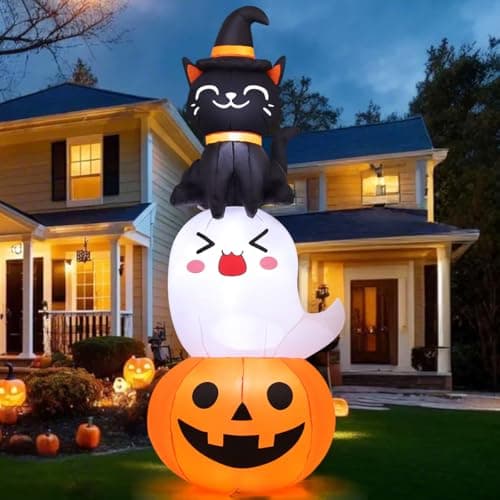COMIN 6 FT Halloween Inflatables Pumpkin Ghost Cat Combo Outdoor Decorations Blow Up Yard with Built-in LEDs for Indoor Party Garden Lawn Decor