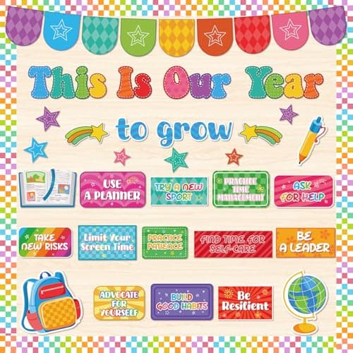 Inspirational Bulletin Board Set Motivational Classroom Decor, This is Our Year Bulletin Board Decor with Colorful Checkered Positive Affirmations Star Cutouts for Back to School Wall Chalkboard