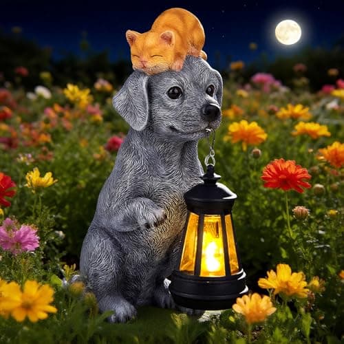 ILLUMINEW for Mom – Solar Dog Garden Statues with Lantern and Sleeping Cat, Resin Pet Figurine Light for Outdoor Yard Decor, Gift for Women Grandma
