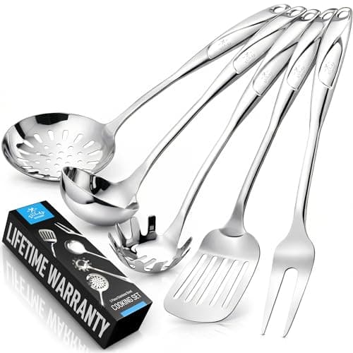 Zulay Kitchen Stainless Steel Cooking Utensil - Stainless Steel Kitchen Utensil - Durable Kitchen Gadgets - Metal Kitchen Accessories - Easy to Clean Kitchen Tools - 5 Piece Set