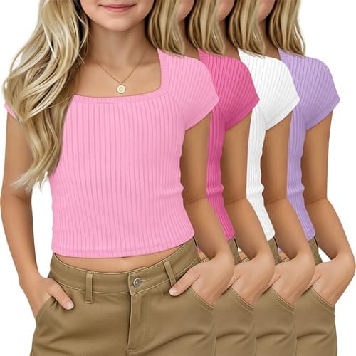LessonZoo 4 Pack Girls Crop Tops Ribbed T Shirts, 4-Color, 11-12 Years