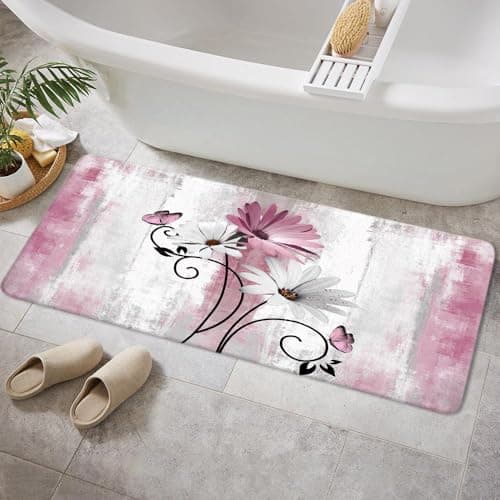 VeiVian Rustic Farmhouse Bath Mat, Farm Pink Daisy Floral Flowers Butterfly Country Wooden Bath Rug for Bathroom, Grey White Bath Mat Soft Non Slip Bath Rugs, 16X48IN