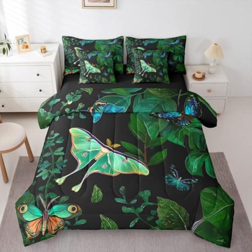Erosebridal Colorful Butterfly Comforter Set Moth Bed in A Bag King Size 7 Pieces Palm Leaves Banana Bed Set Hawaiian Tropical Leaves Bedding