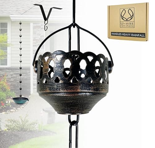 U-nitt Rain Chain Water Collection for Gutters Rainwater Catcher & Diverter, 8.5 FT Chains for Outside Garden, Antique Copper Cups, Roof Downspout, Works with Heavy Rain, w/ Gutter Clip for Rainchains