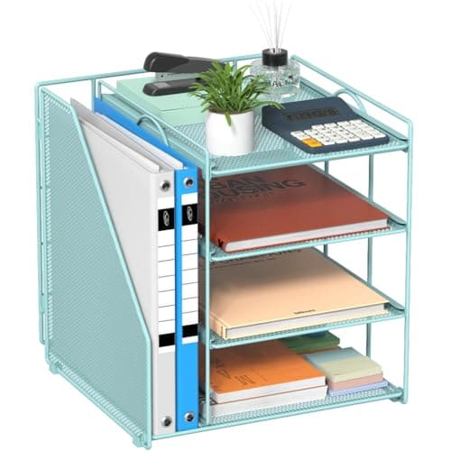 Becomrock Teal Desk File Organizer and Accessories, 4-Tier Paper Organizer with Vertical File Holder, Office Desk Accessories & Workspace Organizers and Desktop Storage for Office Supplies (Blue)