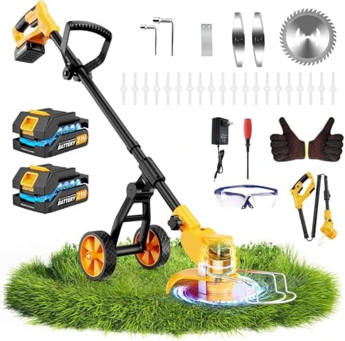 Electric Weed Wacker Cordless with Wheels,Electric Weed Eater Battery Powered 4000mAh,4 in 1 Grass Trimmer/Brush Cutter/Grass Edger/Small Lawn Mower,No String Trimmer with Blade, 2 Battery (Yellow)