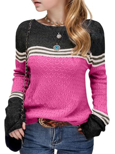 Seiciviy Girls Winter Sweaters Long Sleeve Round Neck Color Block Striped Casual Loose Lightweight Fall Spring Cozy Tops